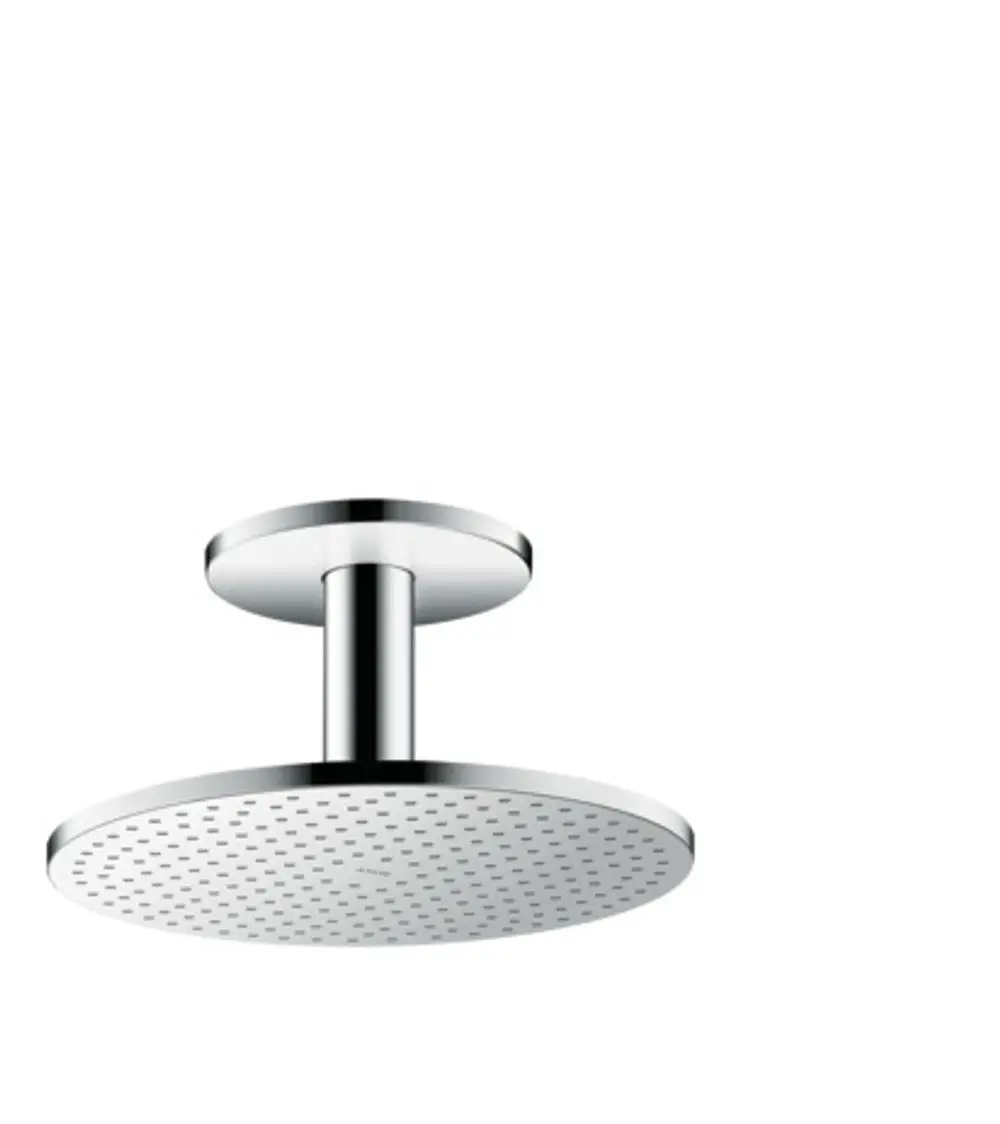Duschkopf mit Deckenanschluss in Chrom von AXOR, runde Form mit gleichmäßig verteilten Wasserlöchern auf der Unterseite, für eine klassische Kopfbrause.